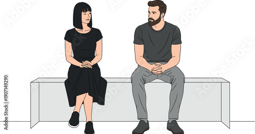 Man and Woman Sitting Apart on Bench with Awkward Body Language Relationship Conflict Emotional Distance Flat Vector Illustration