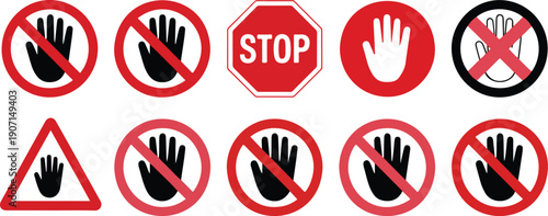 Stop Hand Warning Sign Vector Icon Set Featuring Red Prohibition Symbols for Safety Labels, Caution Signage, Hazard Warnings, Industrial Safety, Workplace Alerts