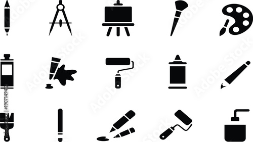 Collection of black and tools on white background painting pencil compass easel