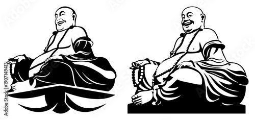 Laughing Buddha statue illustration holding prayer beads in two different graphic styles
