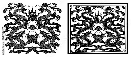 Traditional ornate Chinese dragons with yin yang symbol and stylized clouds in black and white
