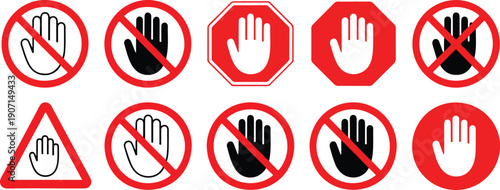 Stop Hand Warning Sign Vector Icon Set Featuring Red Prohibition Symbols for Safety Labels, Caution Signage, Hazard Warnings, Industrial Safety, Workplace Alerts, and Flat Vector Graphics