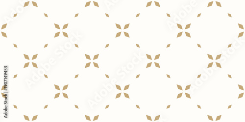 Luxury golden minimal floral geometric seamless pattern. Simple vector abstract background with flowers, leaves, diamonds, grid. Gold minimalist royal texture. Elegant repeated design for decor, print