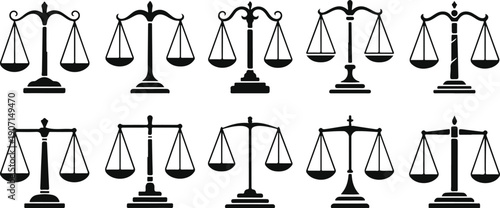 Justice Scale Silhouette Vector Collection Representing Law, Court, Balance, Fairness, Legal System, and Judiciary Authority Concepts for Legal Illustrations, Law Firm Branding