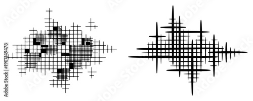 Set of abstract geometric compositions with intersecting grid lines and minimalist shapes