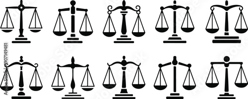 Justice Scale Silhouette Vector Collection Representing Law, Court, Balance, Fairness, Legal System, and Judiciary Authority Concepts for Legal Illustrations, Law Firm Branding