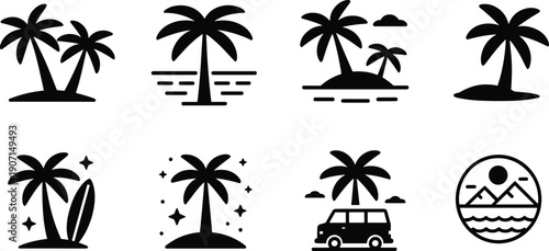 Collection of black and white depicting tropical palm trees and beach scenes island
