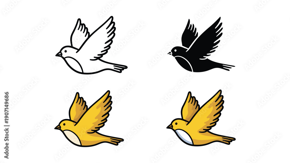Obraz premium Flying Bird Icons: Outline, Silhouette, and Color Variations for Freedom, Travel, and Nature Themes