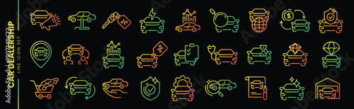 Automotive and Car Dealership Neon Icons – Professional Gradient Vector Set for EV Sales and Vehicle Services