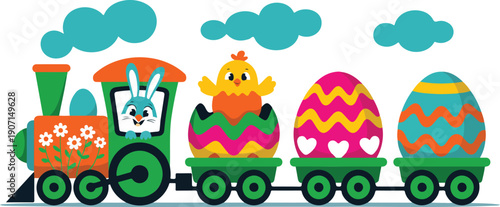 Cute Easter Train Vector Set  Bunny Conductor, Eggs & Spring Elements