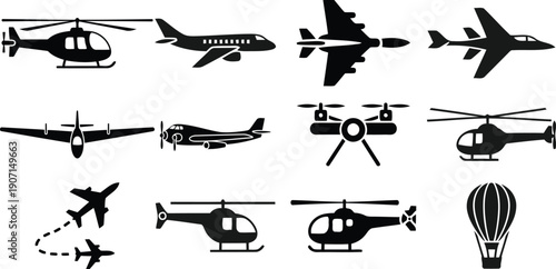 Collection of black aircraft and helicopter silhouettes on white airplane drone