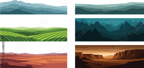 A collection of six stylized layered landscape backgrounds displays various terrains including mountains, plains, and deserts.