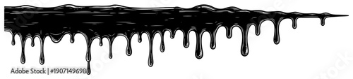Horizontal black liquid dripping effect with thick viscous drops on white background