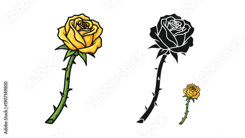 Yellow rose with thorns, line art, silhouette, and small bud illustration