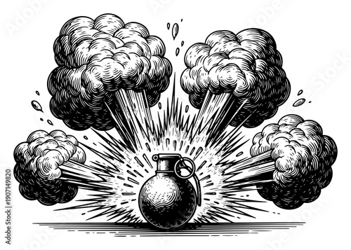 Vintage woodcut illustration of a powerful hand grenade explosion with smoke clouds