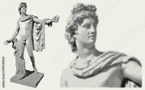 Ancient sculpture of a young man. God Apollo bust sculpture. Retro halftone grunge dotted cutout collage element in pop art style. Vintage vector statue for mixed media, editorial, creative design.