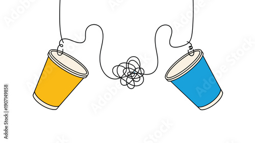 Pair of paper cups connected by a tangled black string symbolizes complicated communication, technical difficulties, or a messy connection between two parties.