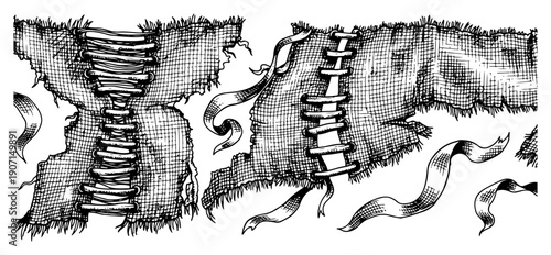 Vintage torn fabric pieces with stitched laces and frayed edges in hand drawn engraving style