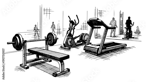 Interior of modern gym facility with exercise equipment and fitness machines in hand drawn sketch style