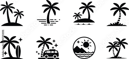 Collection of black silhouette depicting tropical palm trees islands and travel beach