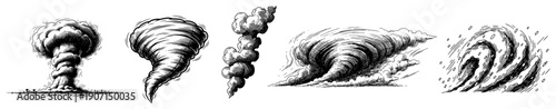 Collection of hand drawn sketches showing natural disasters like tornadoes and explosions
