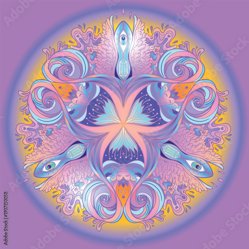 Sacred geometry symbol with all seeing eye in acid colors. Mystic, alchemy, occult concept. Design for indie music cover, t-shirt print, psychedelic poster, flyer. Astrology, esoteric, religion.