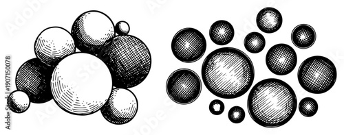 Group of abstract spheres with detailed hand drawn crosshatch shading texture