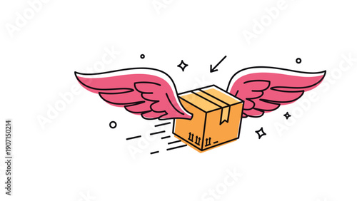 Cardboard box with large pink wings flies through the air to symbolize fast delivery, express shipping, international logistics, and rapid parcel transportation.