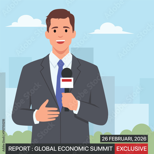 TV News Reporter Holding Microphone Live Broadcast. Flat vector illustration isolated on white background