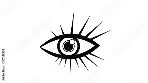 Minimalist black and white graphic shows a wide open eye with long sharp eyelashes in an abstract and modern artistic style.