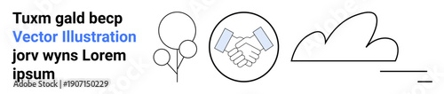 Business agreement, celebration, teamwork, minimalism, communication, and creativity. Outline drawings of balloons, handshake and a cloud accompanied by placeholder text. Business and celebration