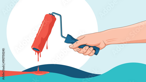 Human hand firmly holds a paint roller dripping red paint against a white and light blue circular background for home renovation and interior design themes.