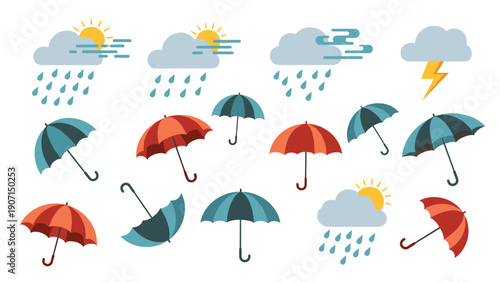 Meteorology icons featuring rainy clouds and colorful umbrellas in several different angles for weather forecast themes.