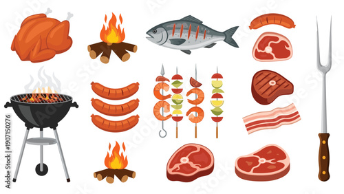 Comprehensive set of barbecue and grilling elements including a grill with coals plus various meats and fresh fish.