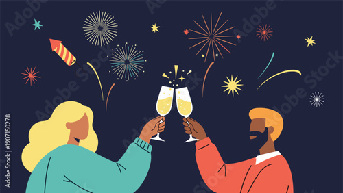 Two people clinking champagne glasses in a festive toast against a dark blue background with bright colorful fireworks.