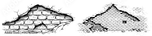 Broken plaster wall showing old brick structure in vintage sketch style