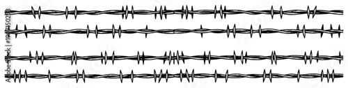 Hand drawn horizontal barbed wire fence strands on white background