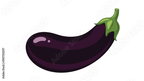 Ripe purple eggplant with a shiny skin and a fresh green stem shown in a slightly curved profile view for food design.