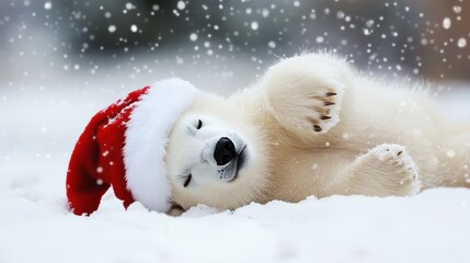 Adorable polar bear cub wearing Santa hat, sleeping in snow.
