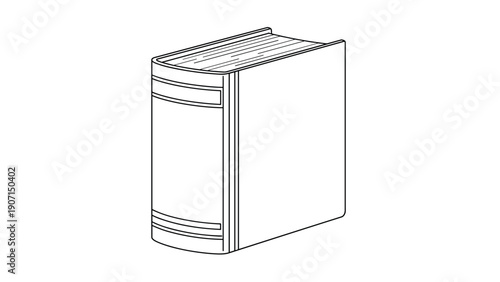 Closed thick book shown in a simple black outline perspective view represents literature, library resources, storytelling, education, and deep knowledge acquisition.