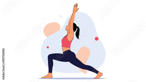 Healthy woman practicing yoga in a warrior pose against a soft abstract background to promote wellness and fitness.