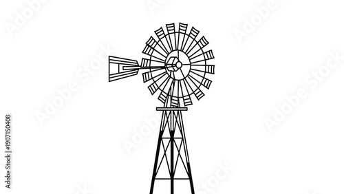 Classic farm windmill used for pumping water depicted in a simple black and white line drawing style for agriculture.