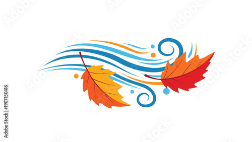 Vibrant autumn leaves blowing through a stylized blue wind current representing the change of seasons and nature.