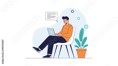 Young man sitting comfortably on a white chair while working on a laptop with a speech bubble above his head.