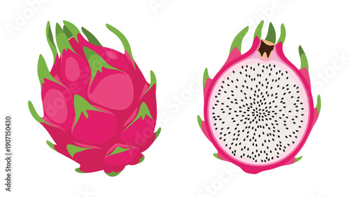 Tropical pink dragon fruit shown whole and cut in half revealing the white flesh speckled with tiny black seeds.