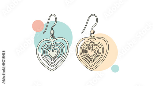 Elegant pair of heart-shaped dangling earrings with a delicate layered pattern shown against soft pastel circles.