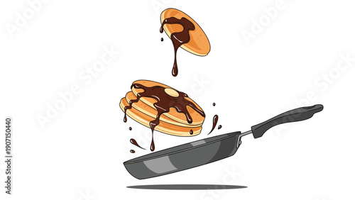 Delicious stack of golden brown pancakes with melting chocolate syrup being tossed into a black frying pan.