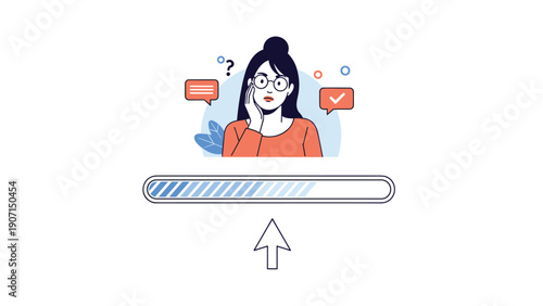 Frustrated woman looking up while a blue progress bar loads beneath her symbolizing digital delay and waiting.