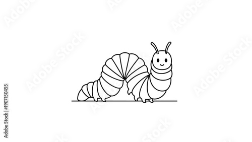Friendly cartoon caterpillar crawling forward in a simple black and white line drawing suitable for children.