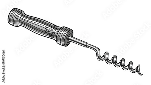 Ornate silver corkscrew tool with decorative patterns on the handle shown in a detailed grayscale illustration.